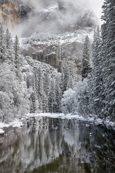 Winter Merced River Upstream, From El Capitan Bridge, Yosemite National Park, California