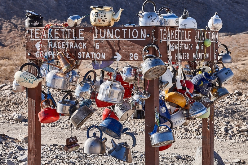 Teakettles On Teakettle Junction Sign, Teakettle Junction, Death Valley National Park, California