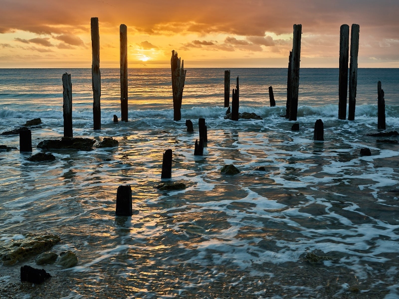 Sunset, Jetty Pylons, Port Willunga Beach, Port Willunga, South Australia, Australia