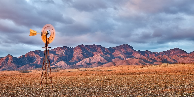 Flinders Ranges & Windmill, Sunset, Moralana Gorge Rd, Merna Mora Station, South Australia, Australia
