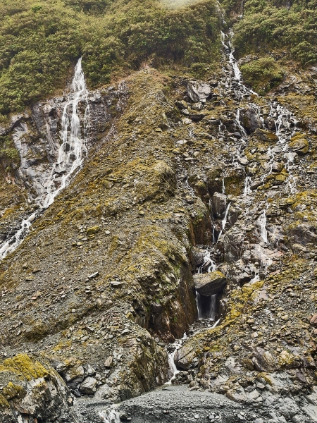 Multiple Waterfalls, Franz Josef Glacier Valley, Westland National Park, West Coast, New Zealand, South Island