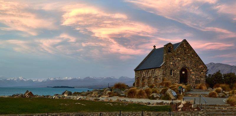 Church of the Good Shepherd & Lake Tekapo, Pioneer Dr, Lake Tekapo, Canterbury, New Zealand, South Island